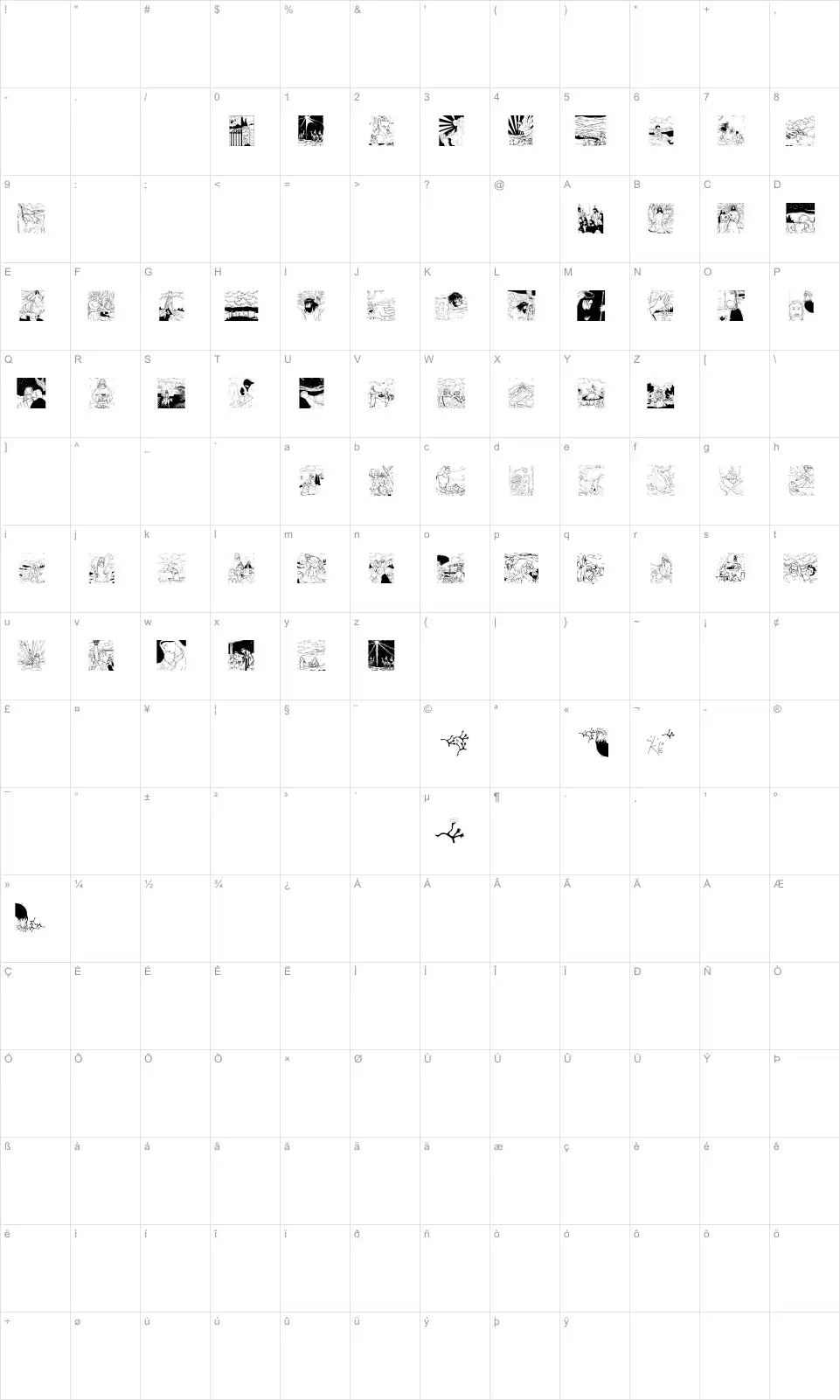 Mapa de caracteres da fonte Biblish Pictures