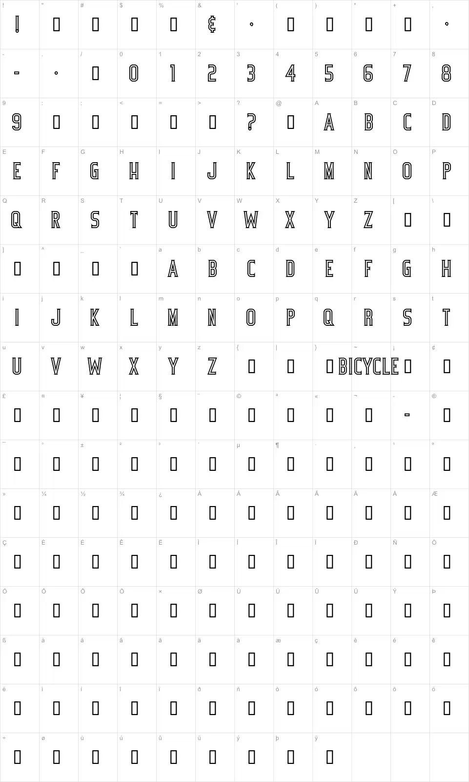 Mapa de caracteres da fonte Bicycle