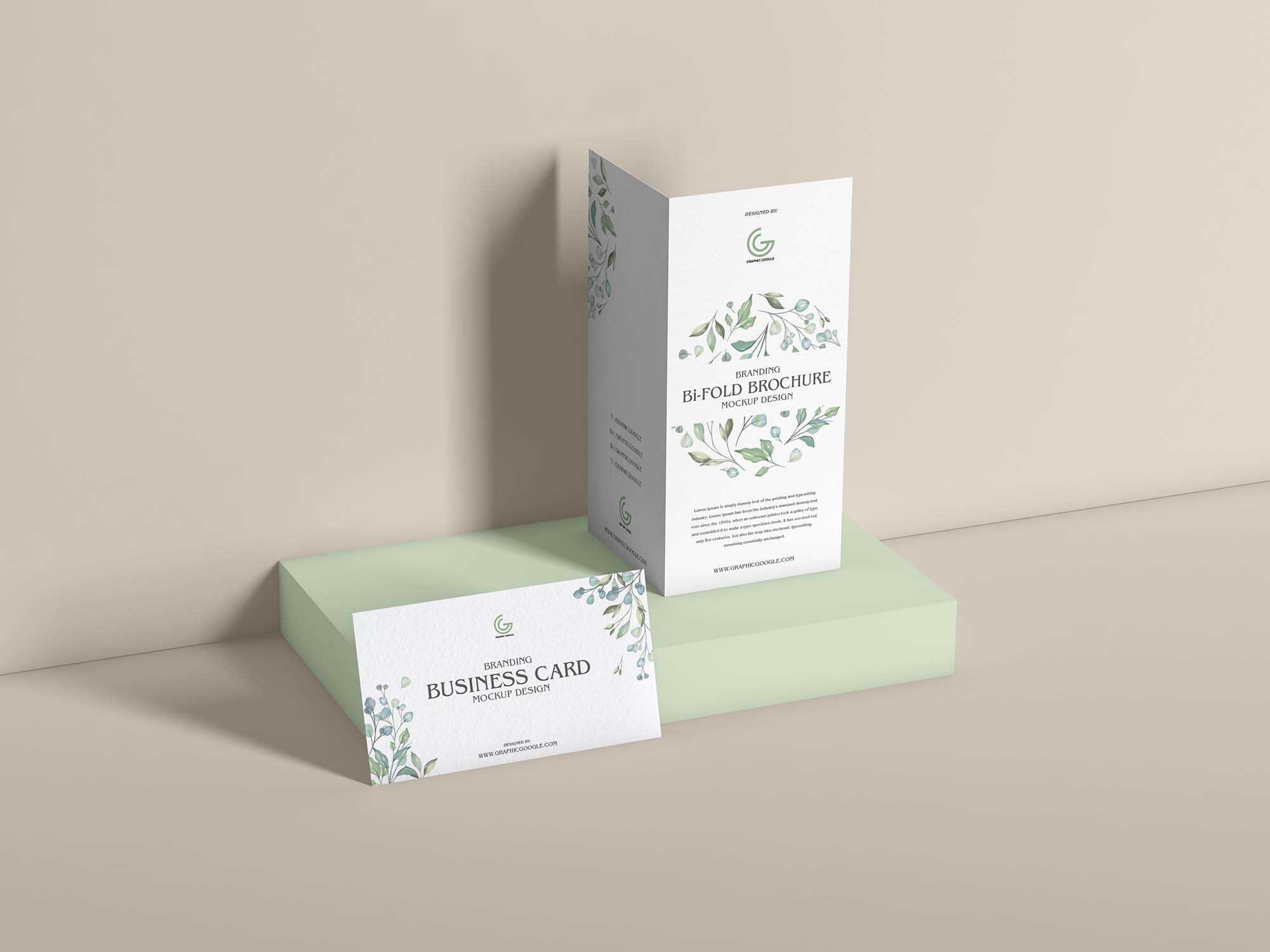 Bifold Brochure and Business Card Mockup (PSD)
