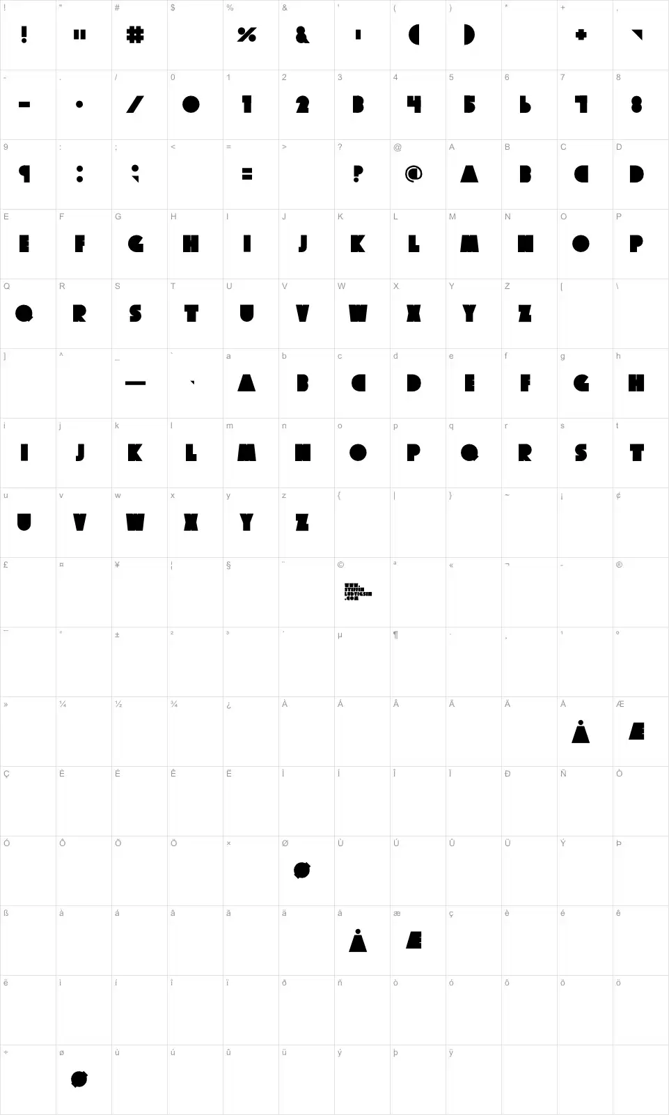 Mapa de caracteres da fonte Big Fat Ugly Cow