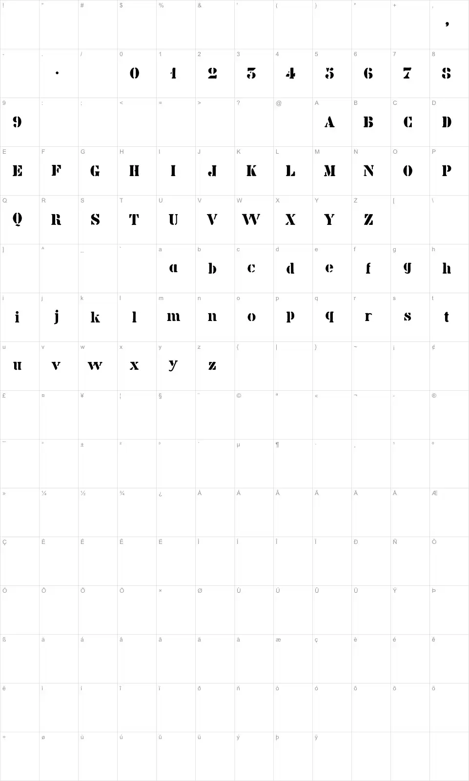 Mapa de caracteres da fonte Billie Kid