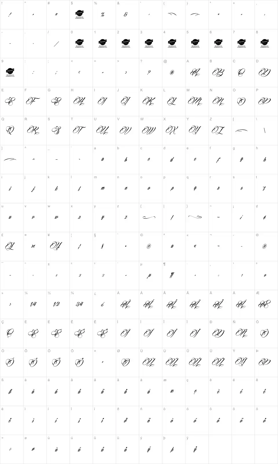 Mapa de caracteres da fonte Billion Stars