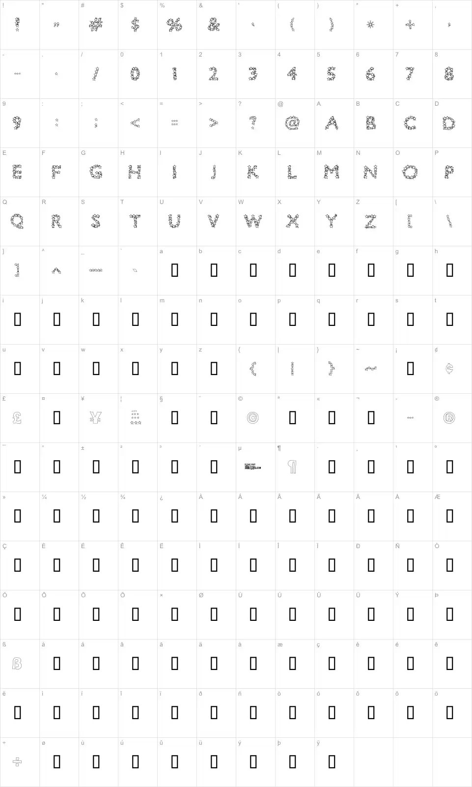 Mapa de caracteres da fonte Bingo Star