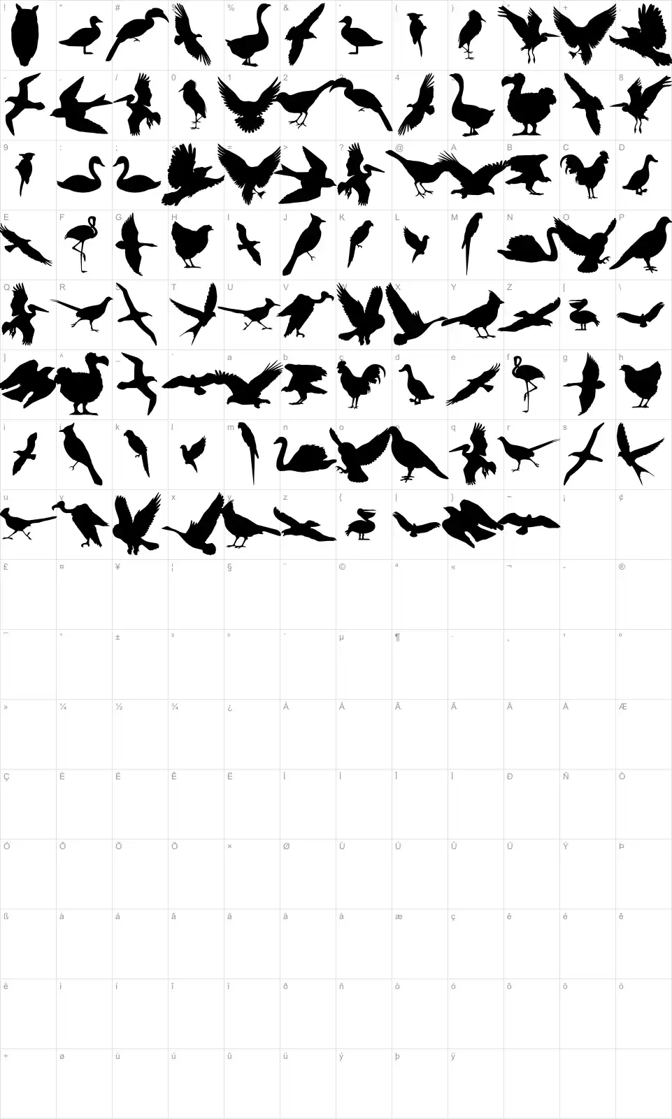 Mapa de caracteres da fonte Birds of a Feather