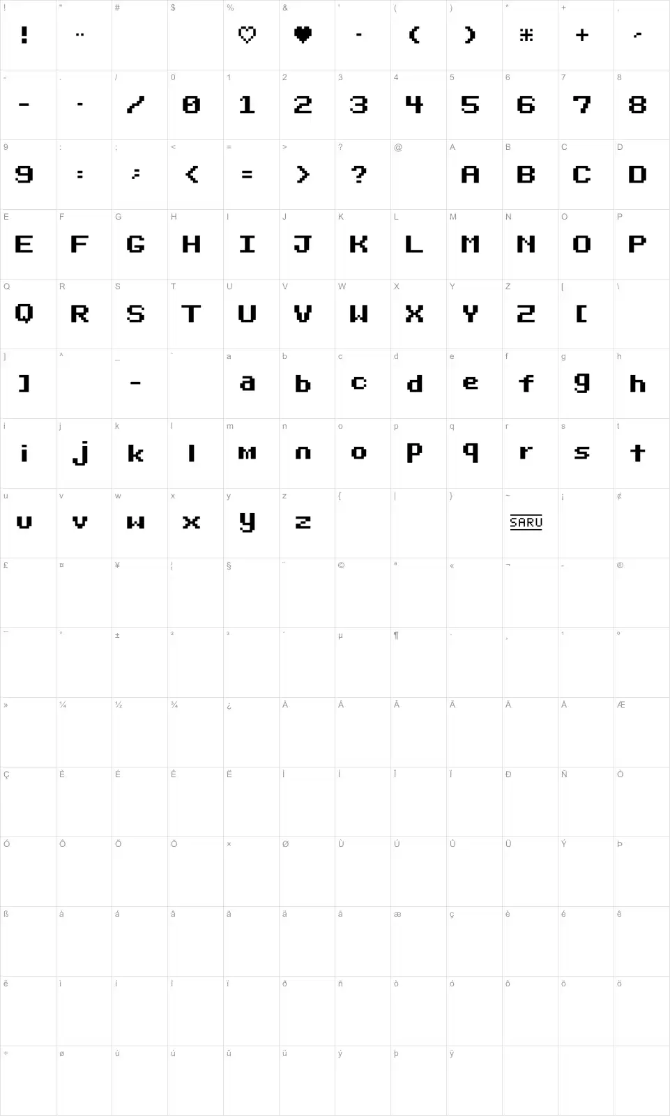 Mapa de caracteres da fonte Bit Darling 10