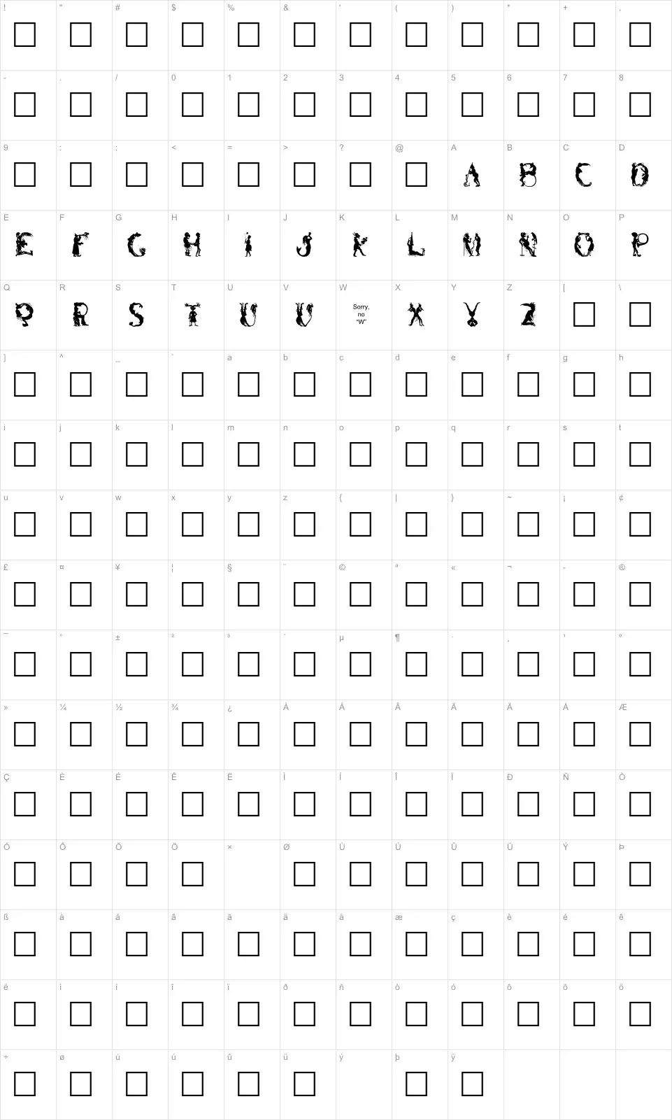 Mapa de caracteres da fonte Bizaro Plain