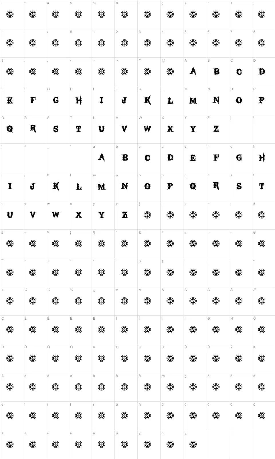 Mapa de caracteres da fonte Black Dahlia
