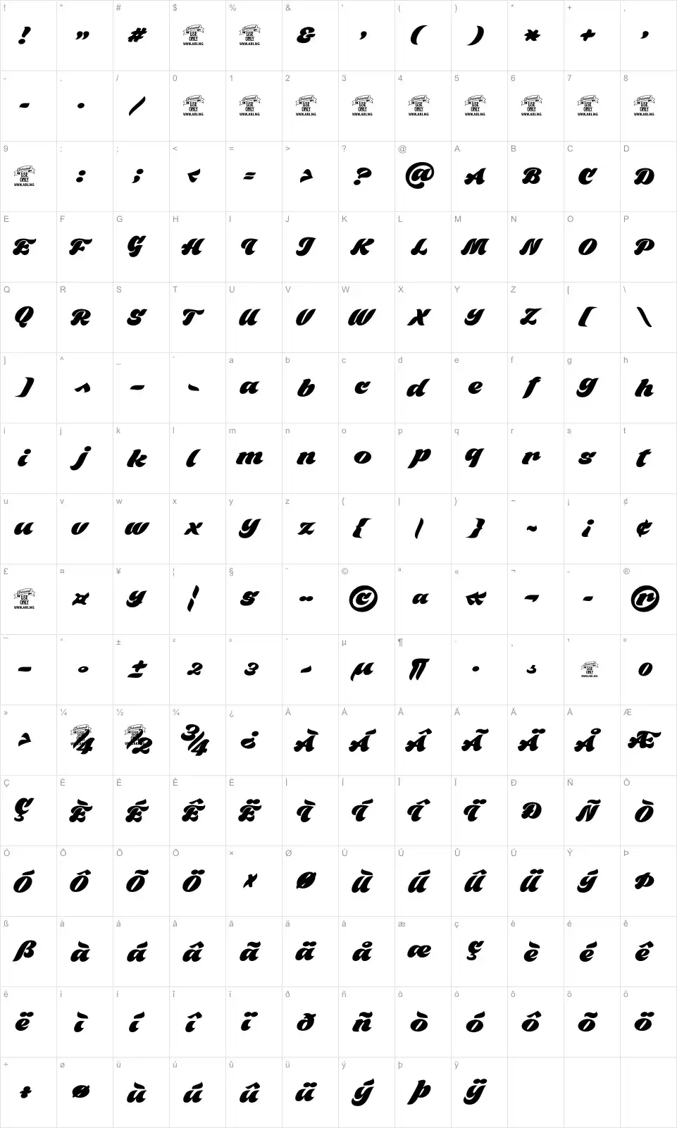 Mapa de caracteres da fonte Black Fox