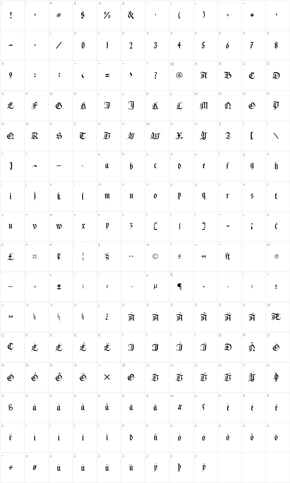 Mapa de caracteres da fonte Black Knight FLF