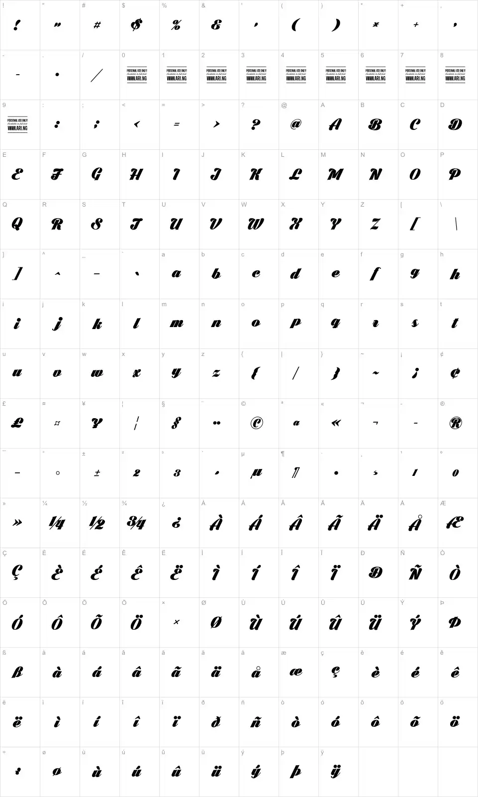 Mapa de caracteres da fonte Black Larch