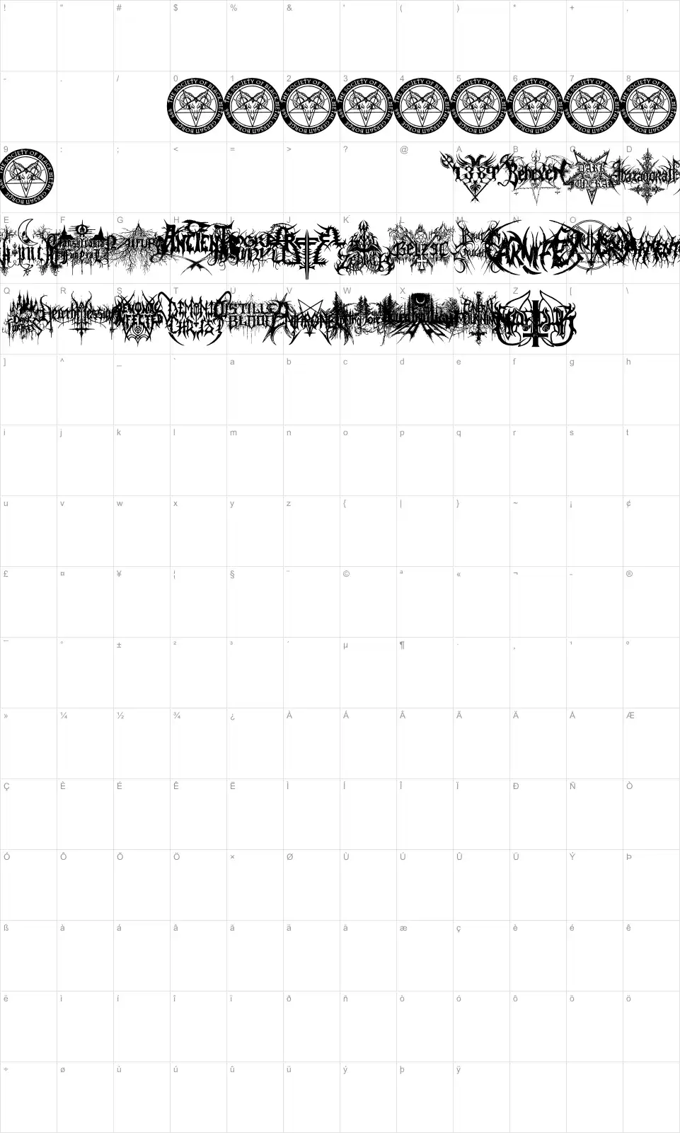 Mapa de caracteres da fonte Black Metal G