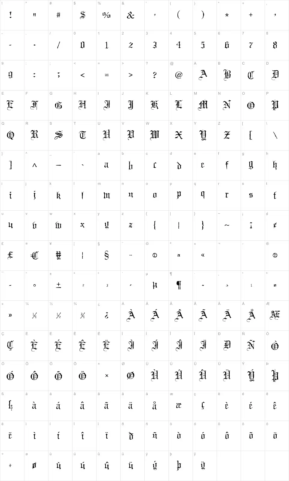 Mapa de caracteres da fonte Black Night