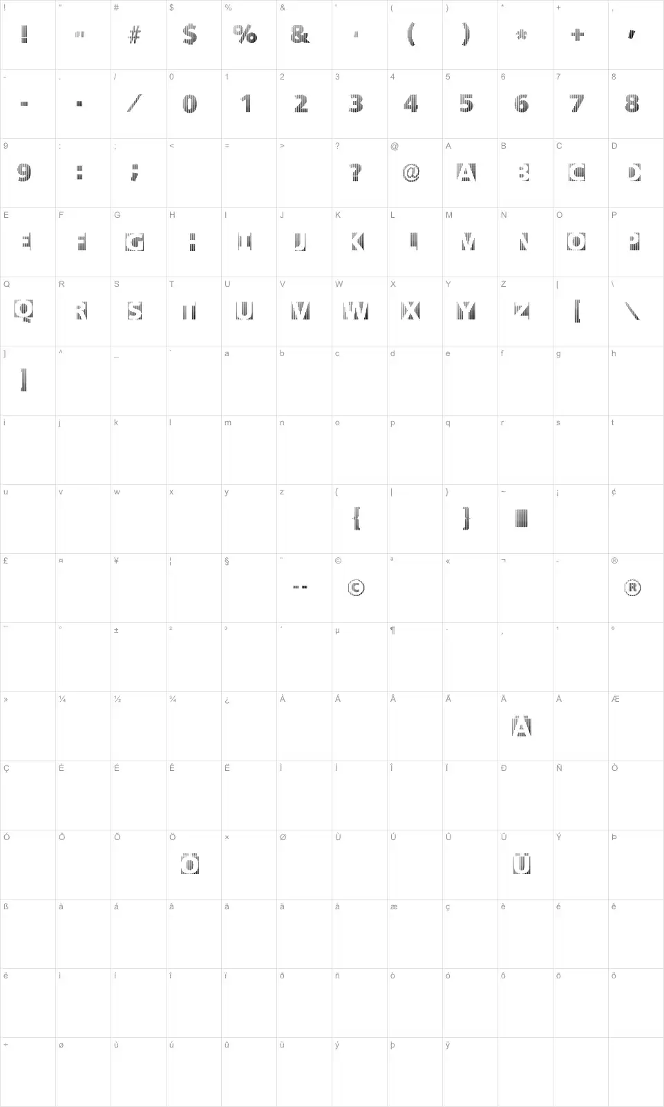 Mapa de caracteres da fonte Black White Grids