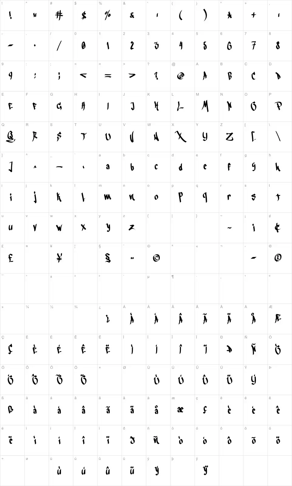Mapa de caracteres da fonte Blackbook 3rd