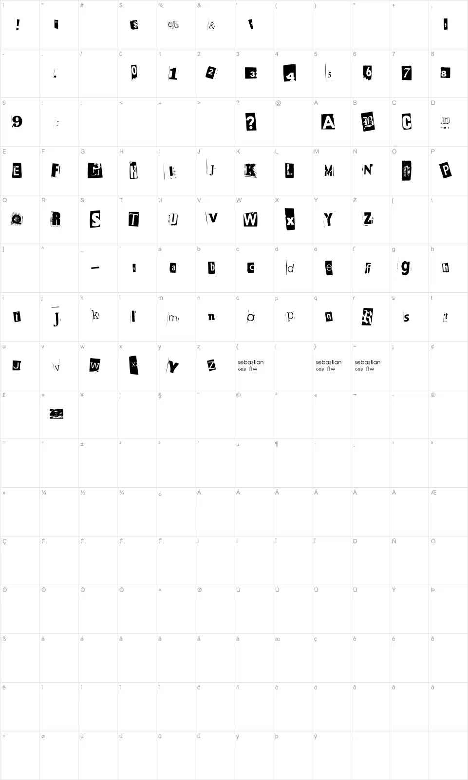 Mapa de caracteres da fonte BlackCasper