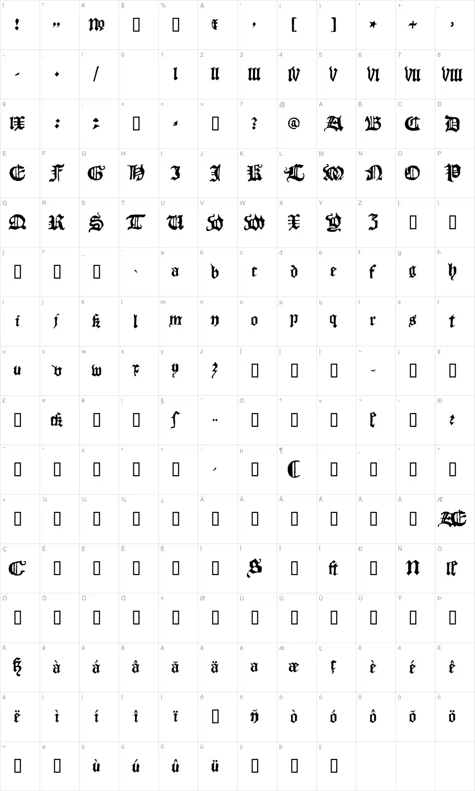 Mapa de caracteres da fonte Blackletter