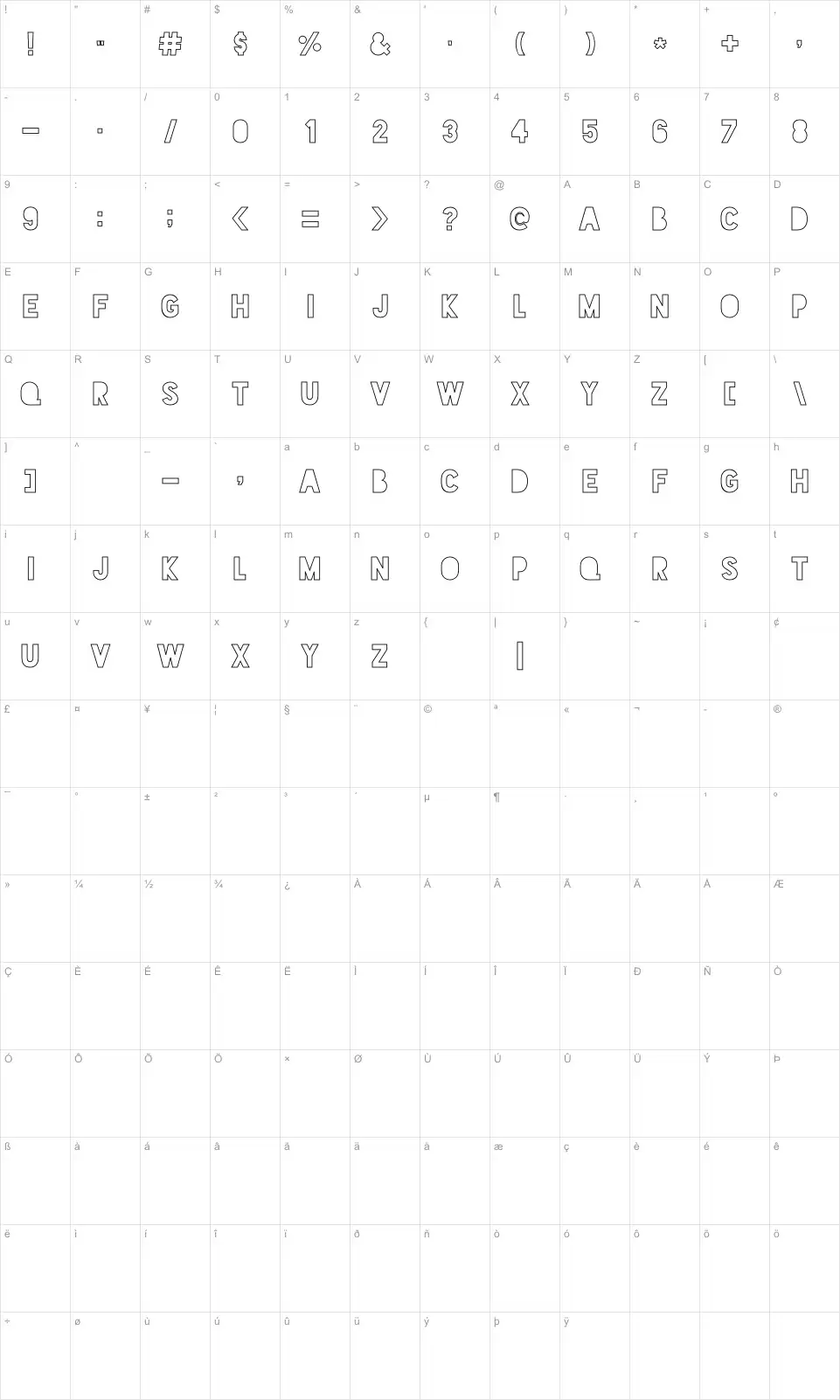 Mapa de caracteres da fonte Blackout Sunrise