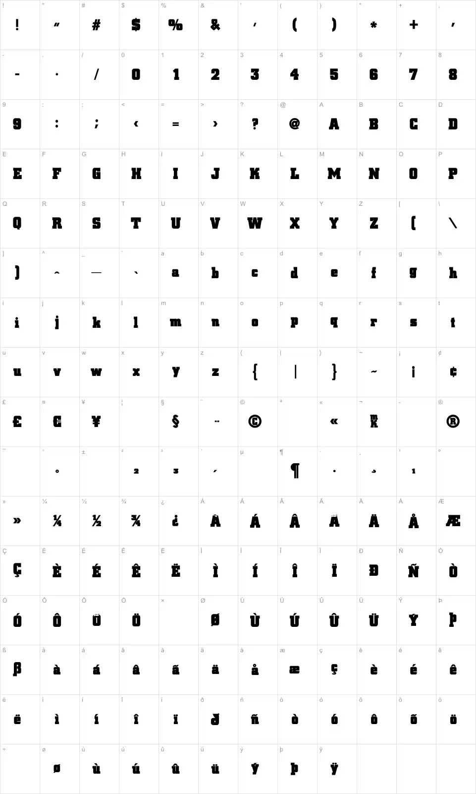 Mapa de caracteres da fonte Blax Slab XXL