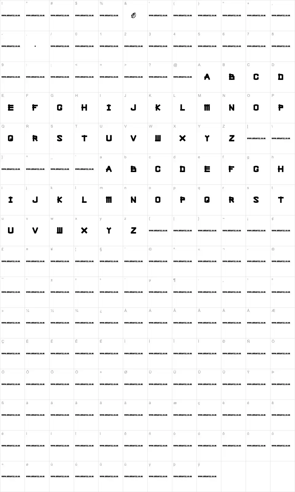 Mapa de caracteres da fonte Bleak Chop