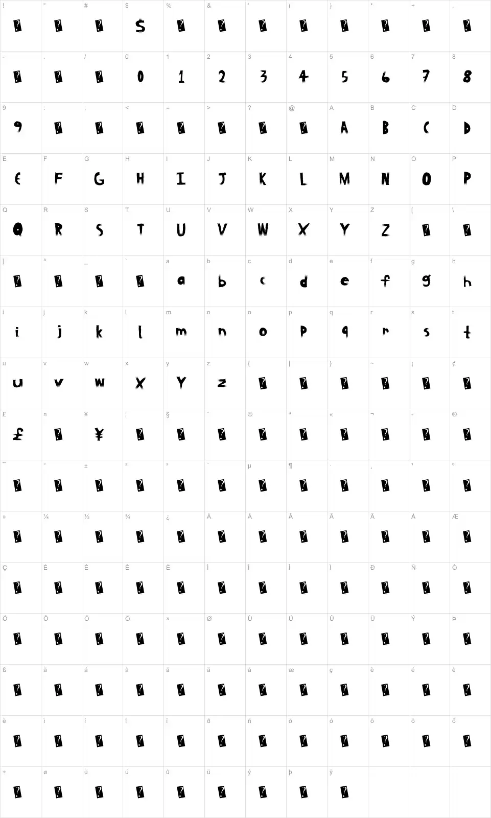 Mapa de caracteres da fonte BlockWood