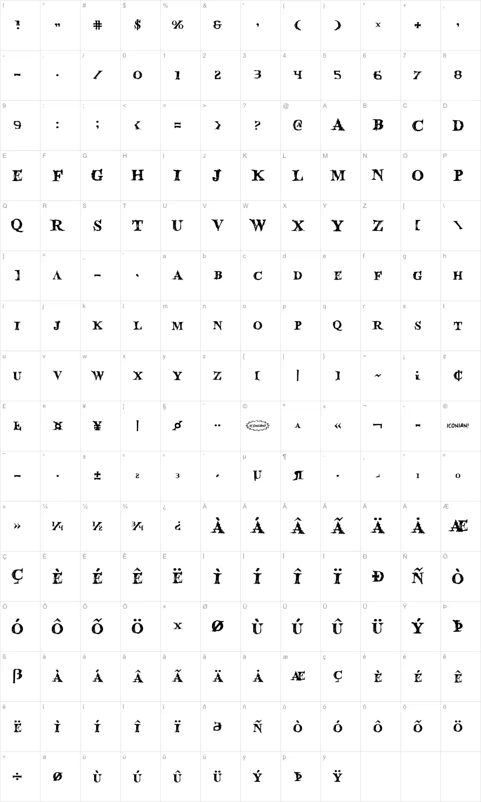 Mapa de caracteres da fonte Blood Crow