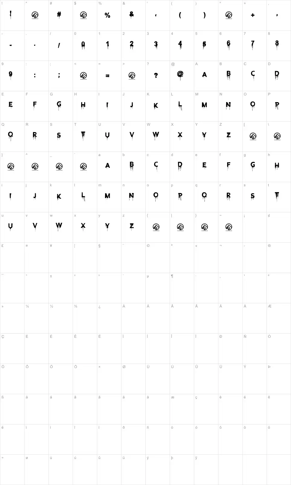 Mapa de caracteres da fonte Blood Lust