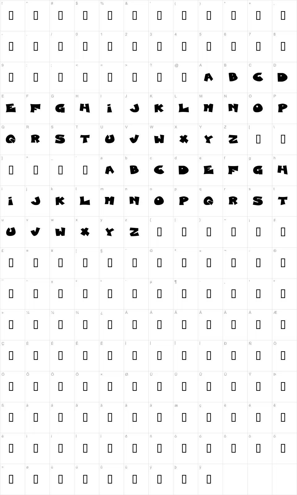 Mapa de caracteres da fonte Blueberry Foxhound