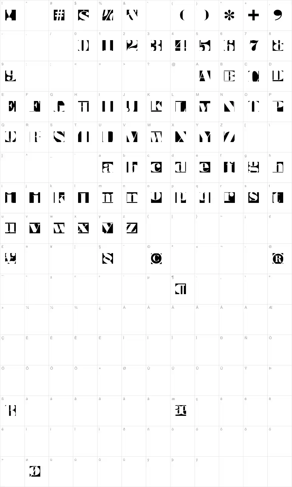 Mapa de caracteres da fonte Bodoblack Squares