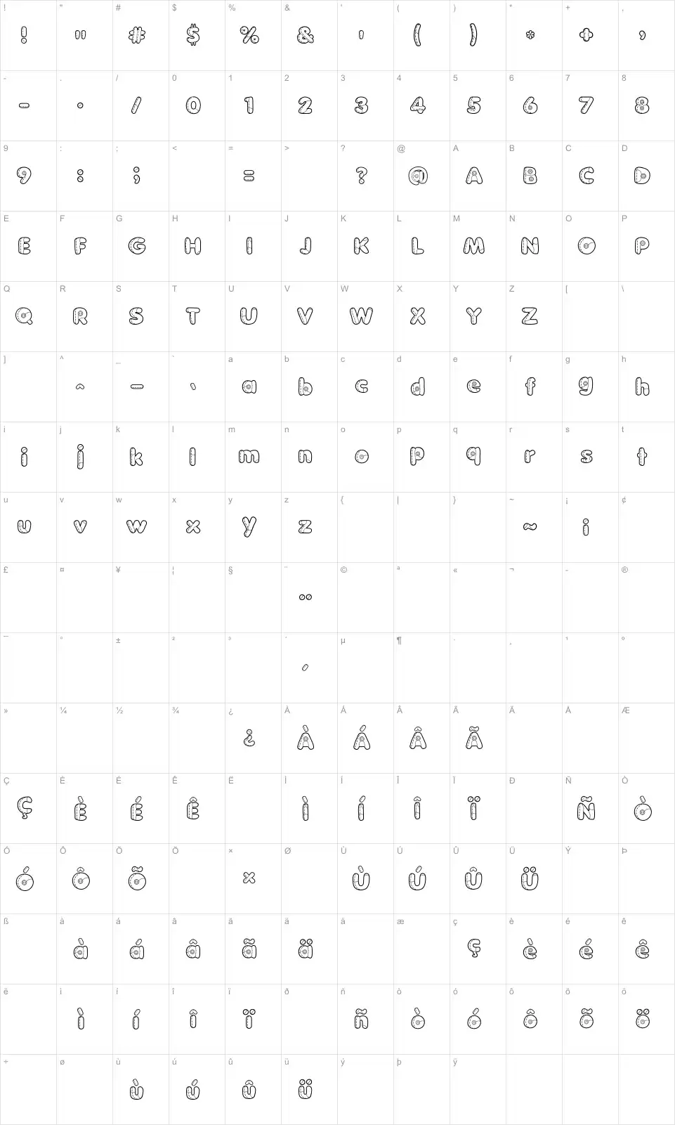Mapa de caracteres da fonte Boneca de Pano