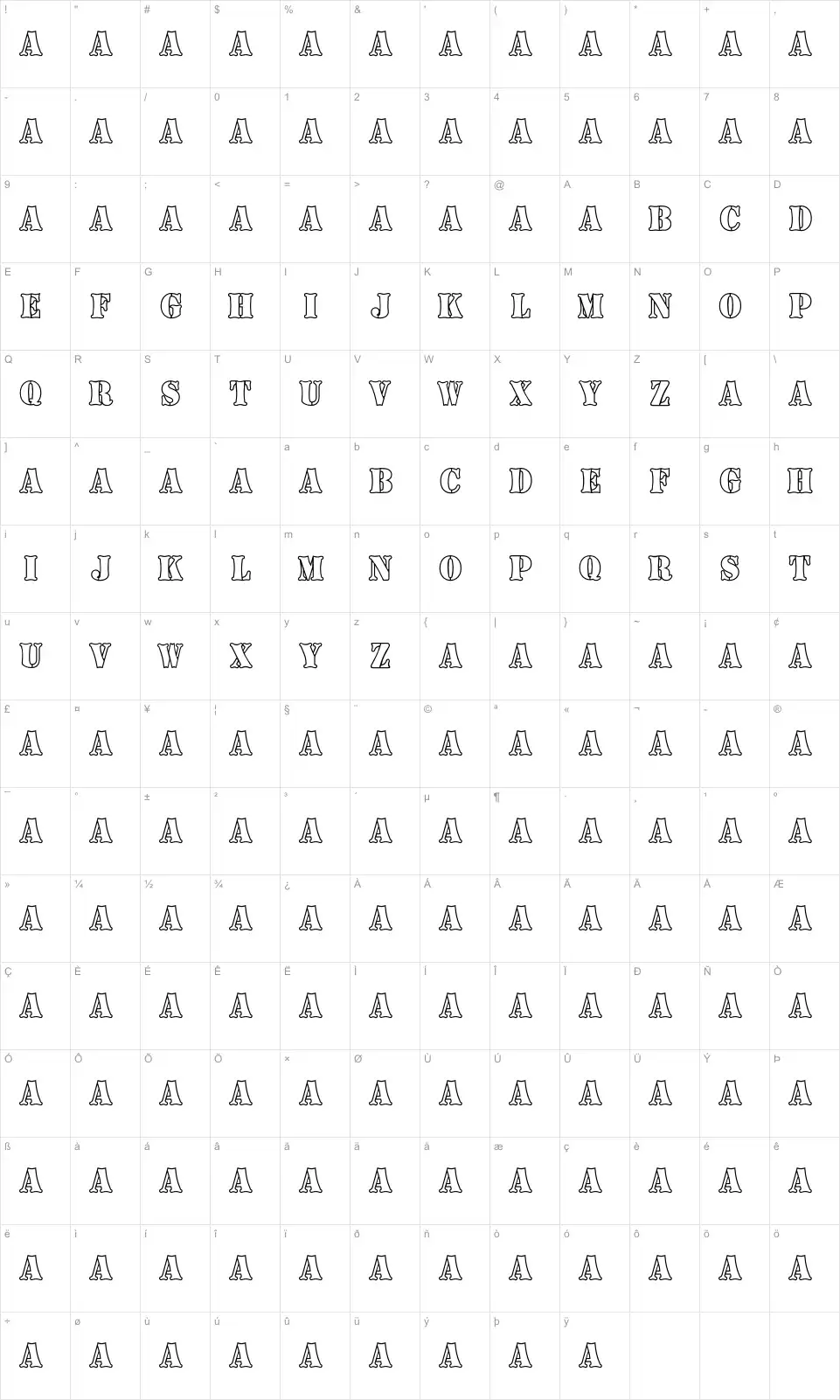 Mapa de caracteres da fonte Boneyard Army