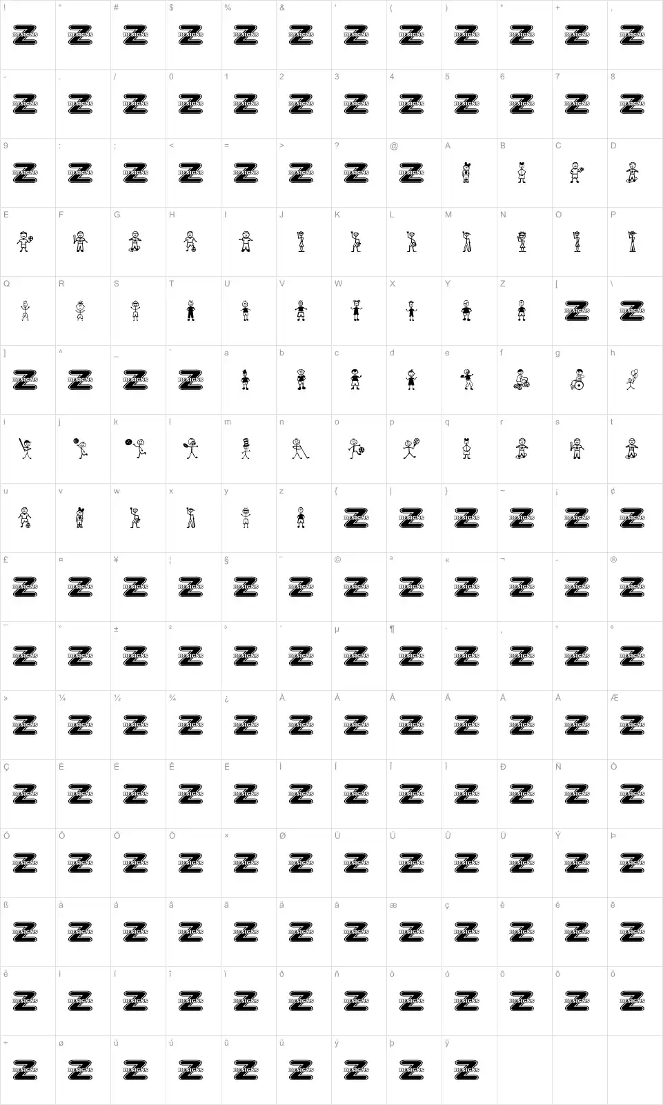 Mapa de caracteres da fonte Boy Characters