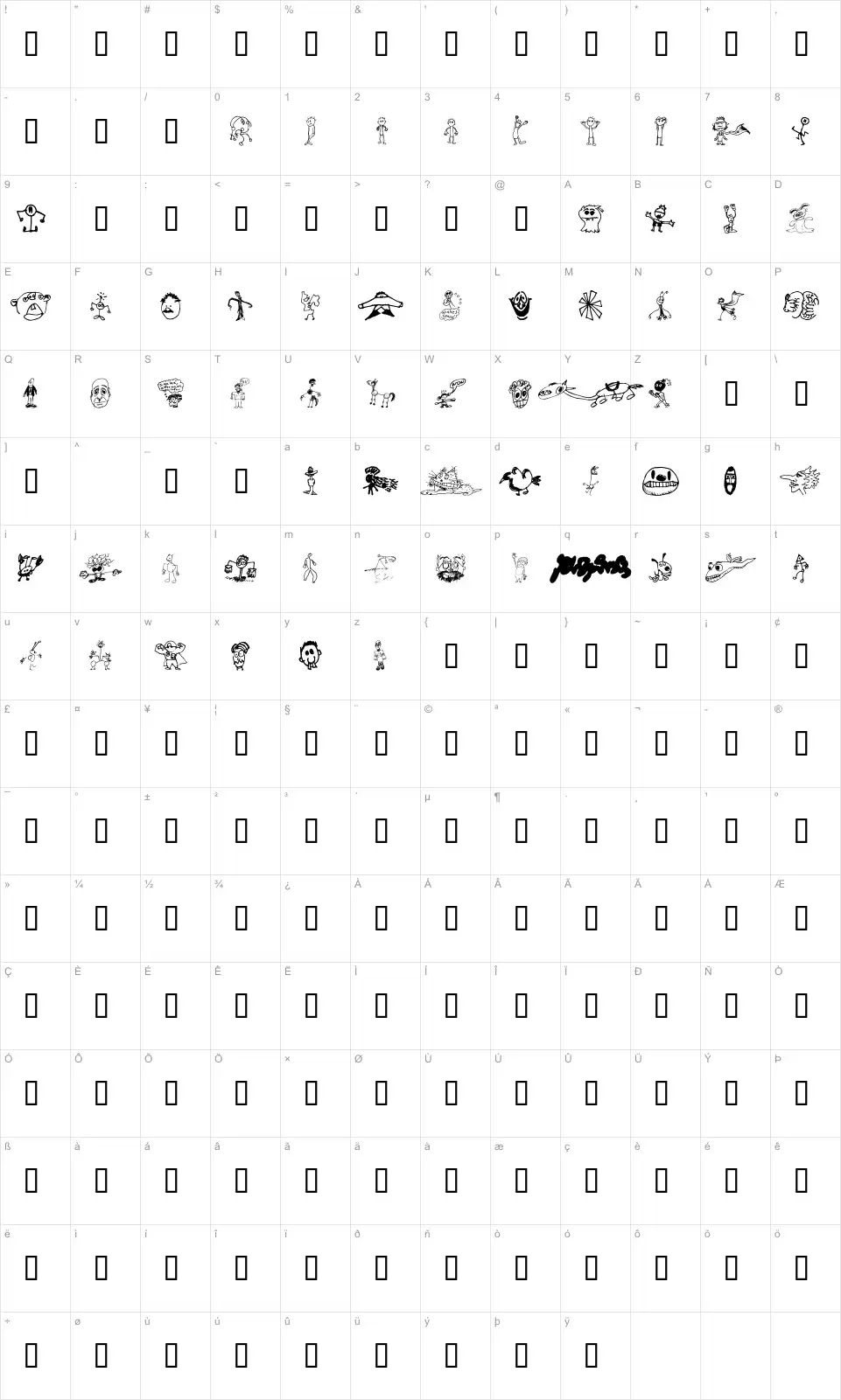 Mapa de caracteres da fonte Brian powers Doodle 2