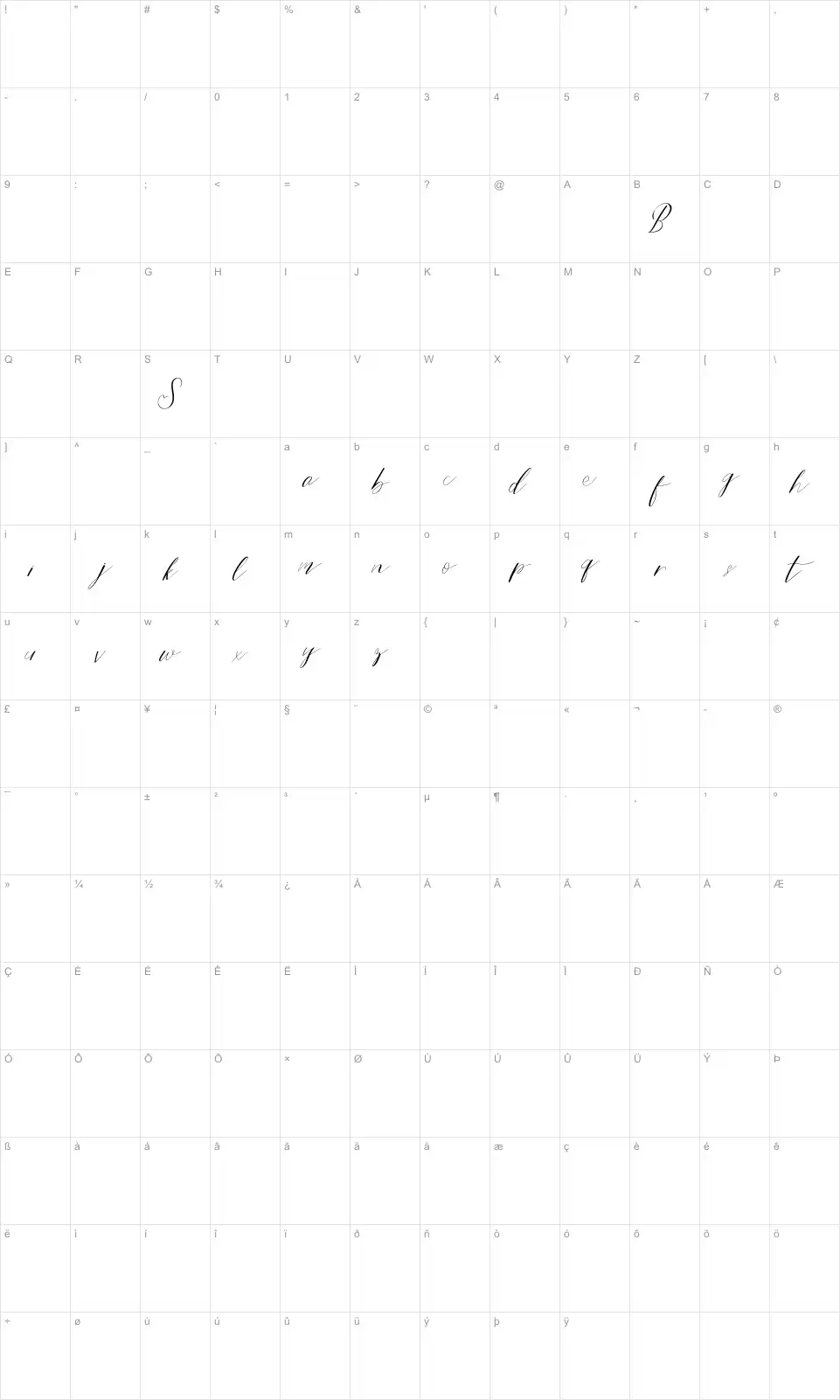Mapa de caracteres da fonte Bride Style