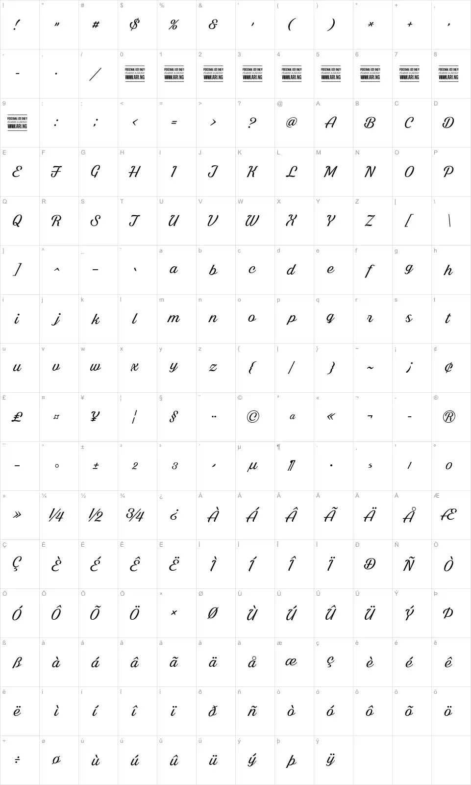 Mapa de caracteres da fonte Bright Larch