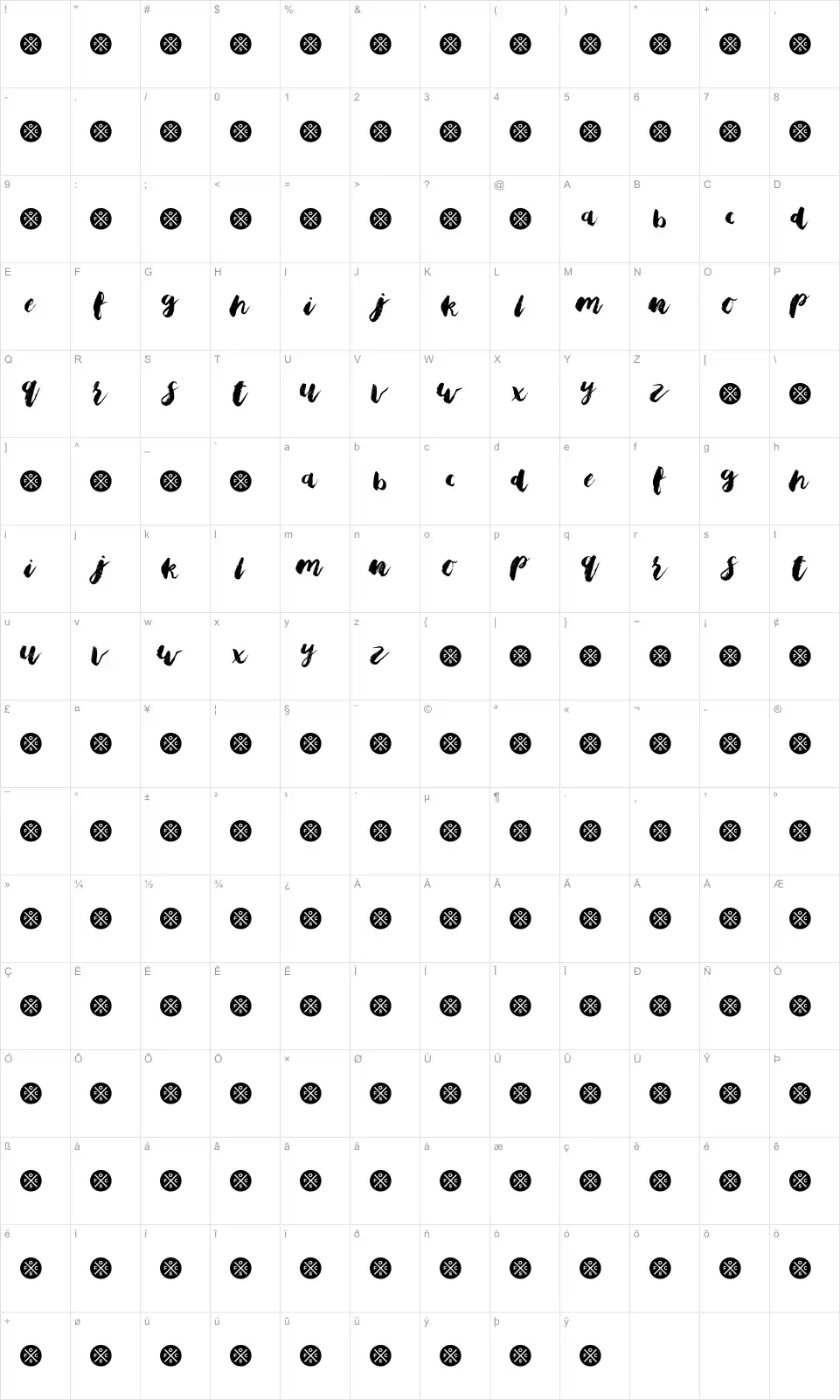 Mapa de caracteres da fonte Bristle Brush Script