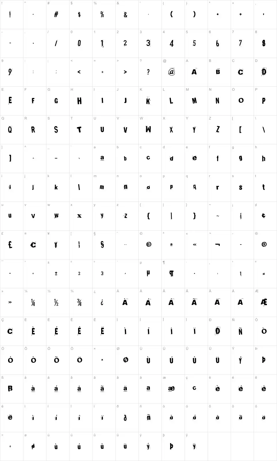 Mapa de caracteres da fonte Broken 15