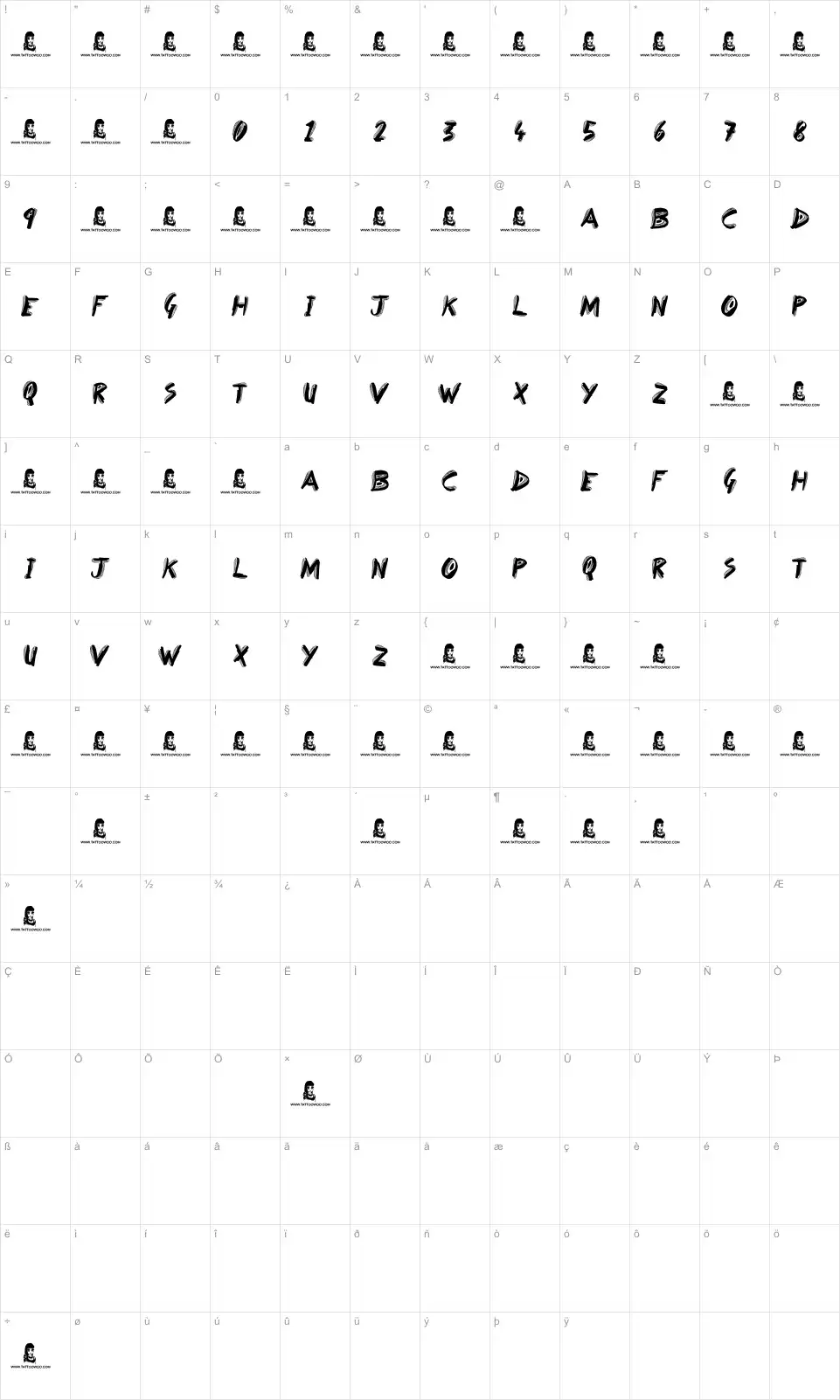 Mapa de caracteres da fonte Broken Dreams