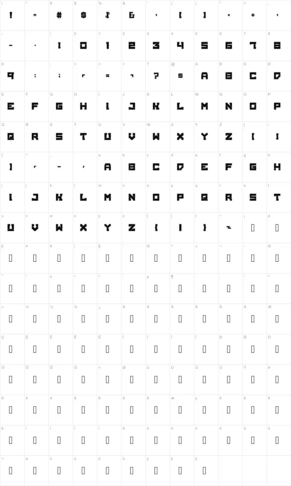 Mapa de caracteres da fonte Broken Machine