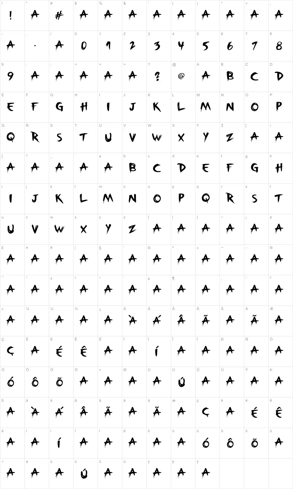 Mapa de caracteres da fonte Broken