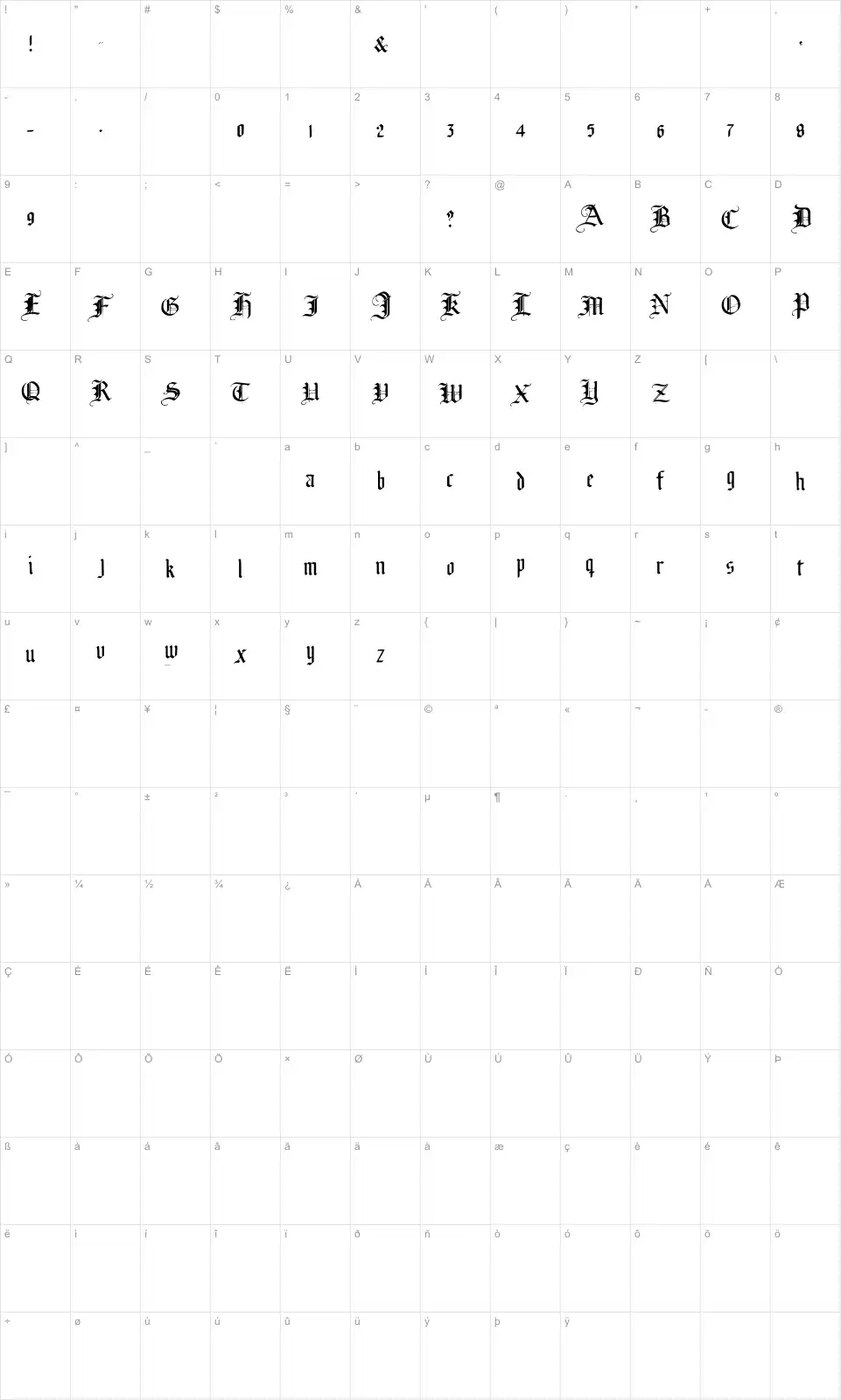 Mapa de caracteres da fonte Broken Planewing