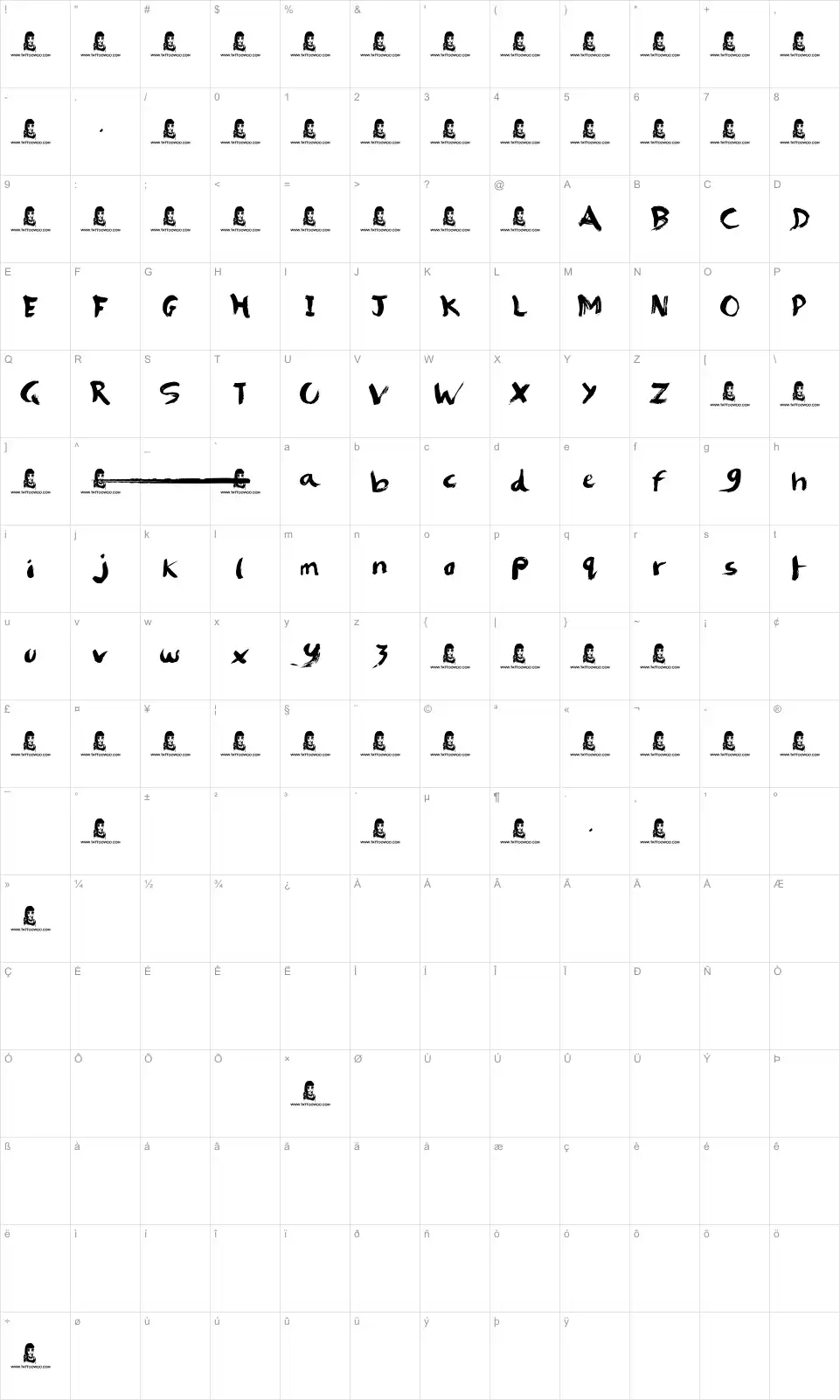 Mapa de caracteres da fonte Brush Strokes