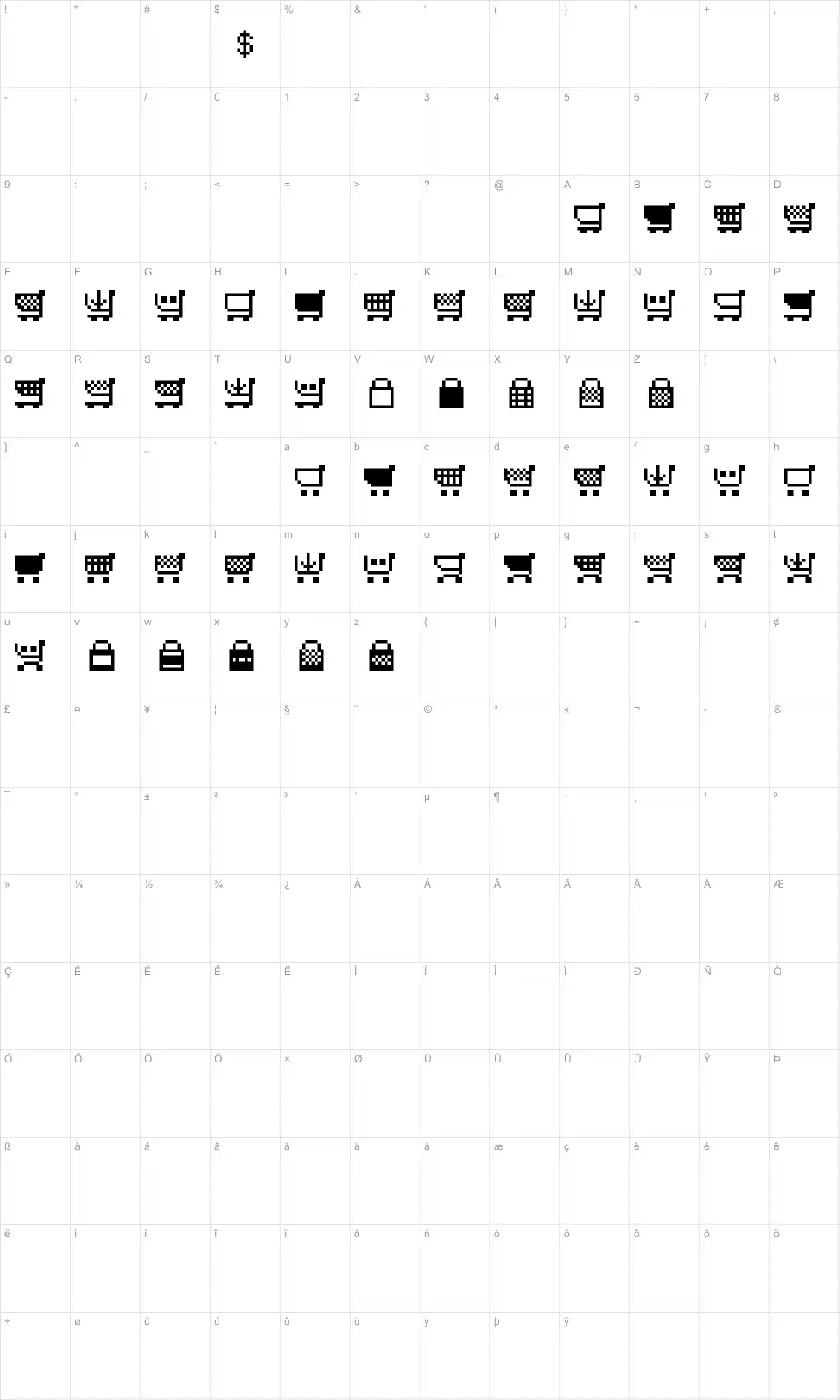 Mapa de caracteres da fonte Btd Cart-O-Grapher