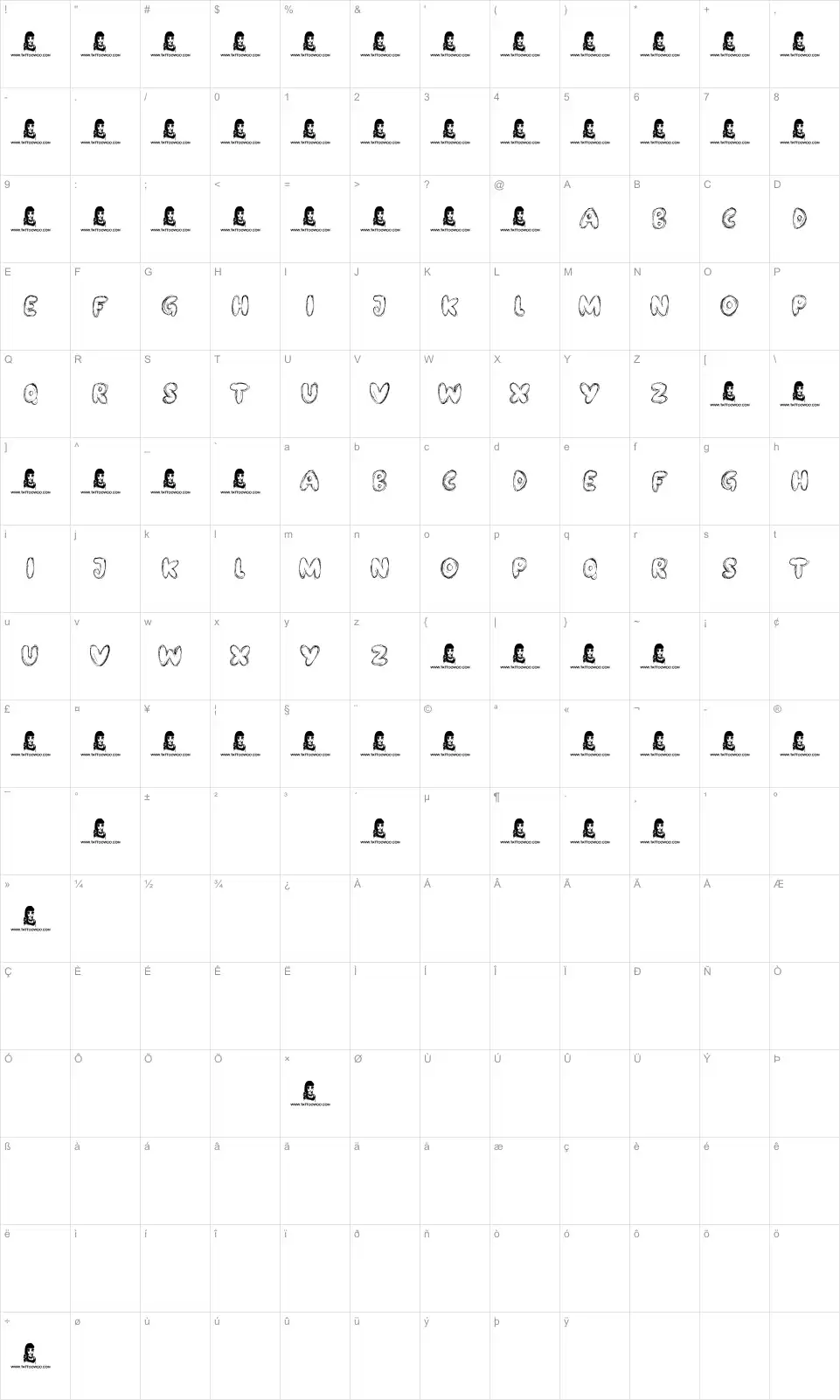 Mapa de caracteres da fonte Bubble Bash