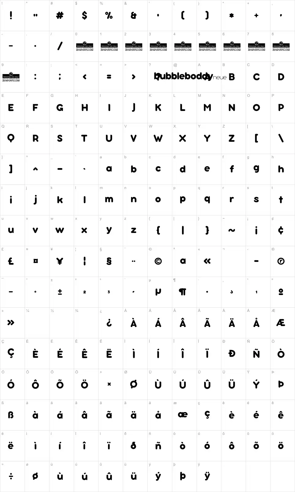 Mapa de caracteres da fonte Bubbleboddy Neue