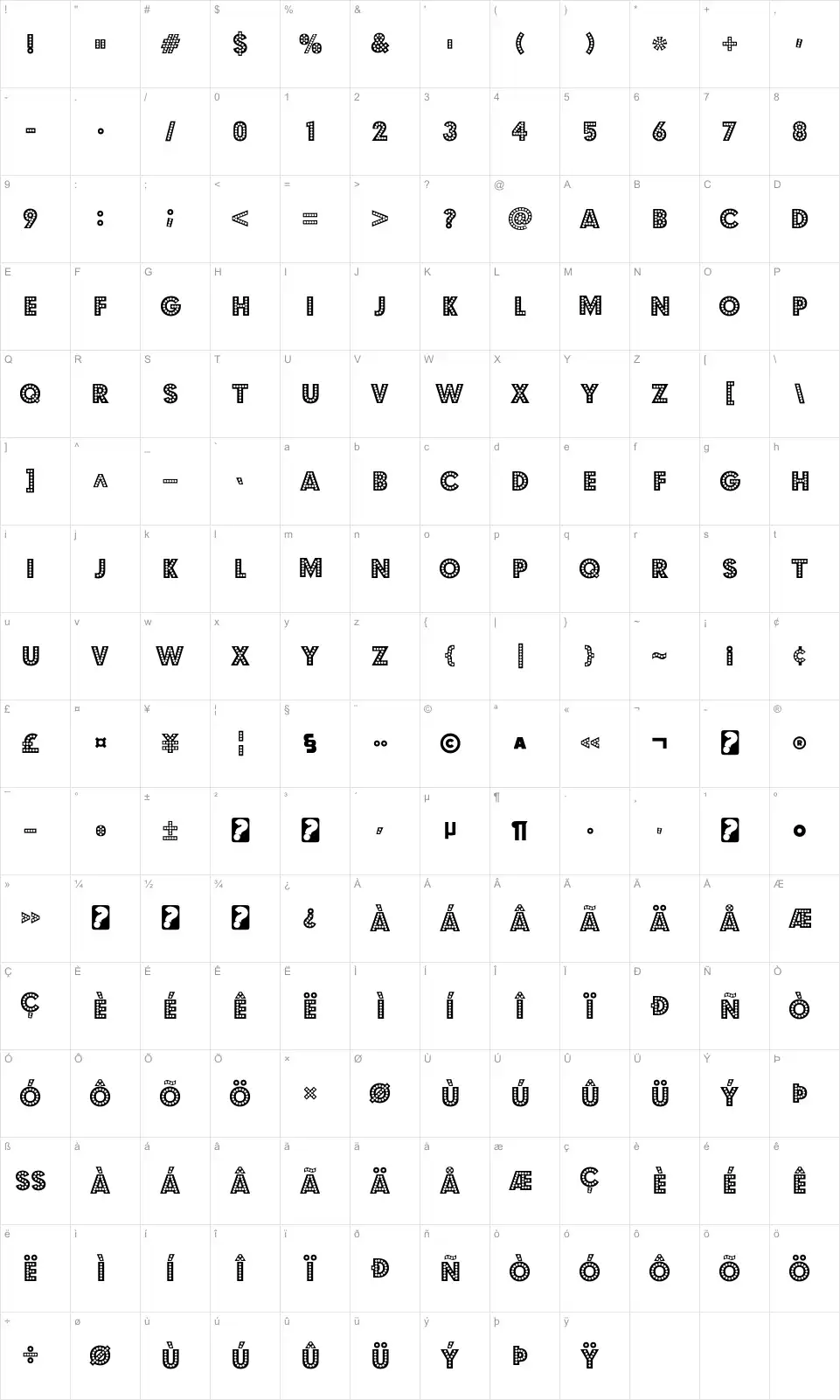 Mapa de caracteres da fonte Budmo Jiggler + Jigglish