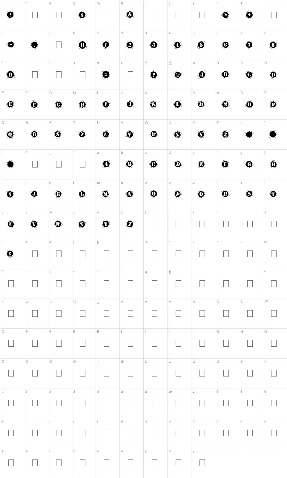 Mapa de caracteres da fonte Bullet Holz