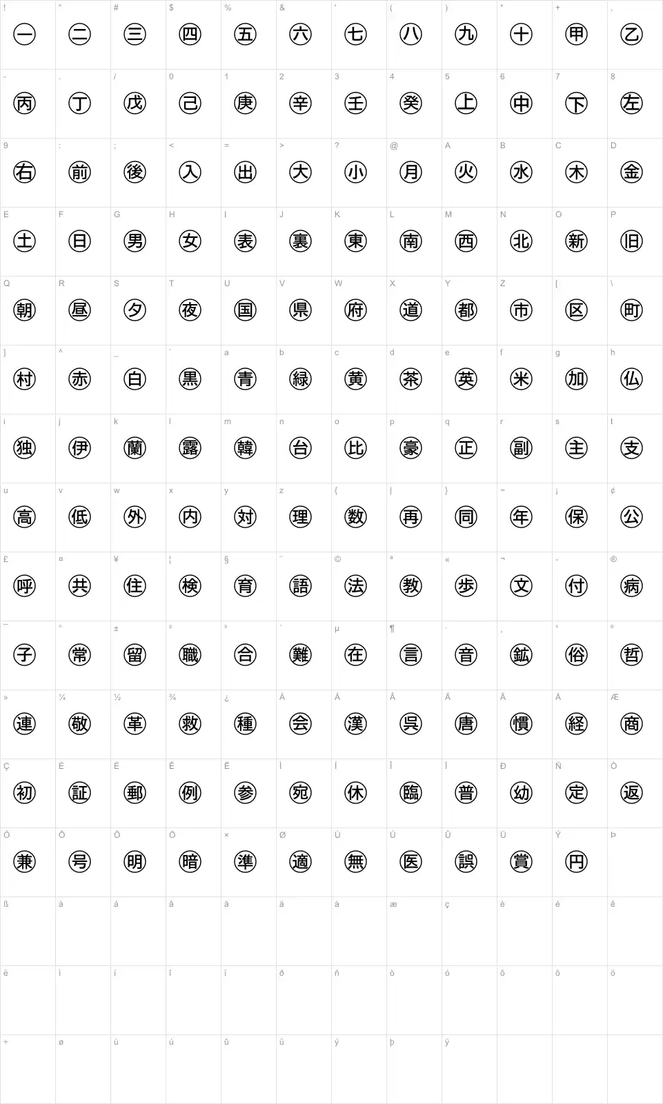 Mapa de caracteres da fonte Bullets 4 Japanese