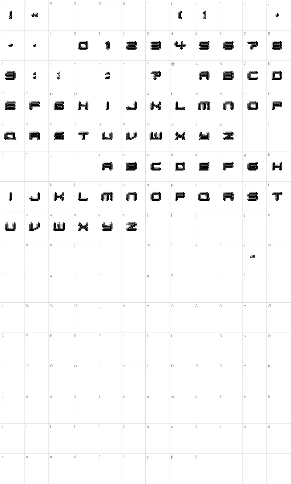 Mapa de caracteres da fonte Bump Pad