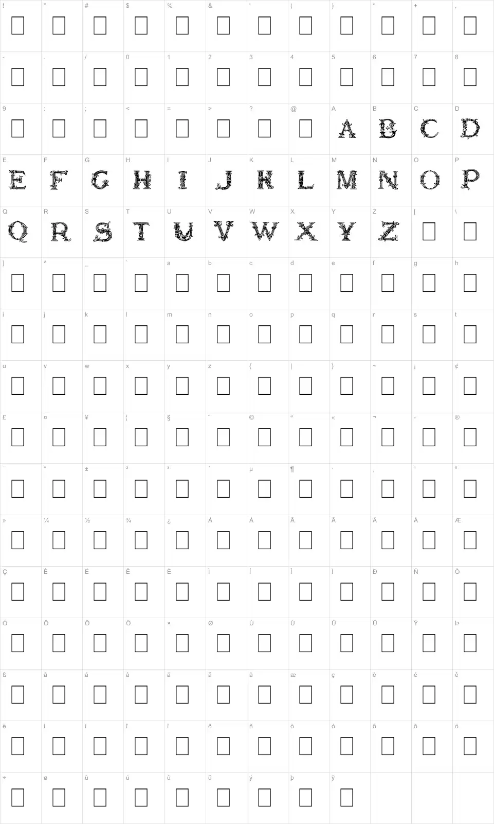 Mapa de caracteres da fonte Burgoyne Initials