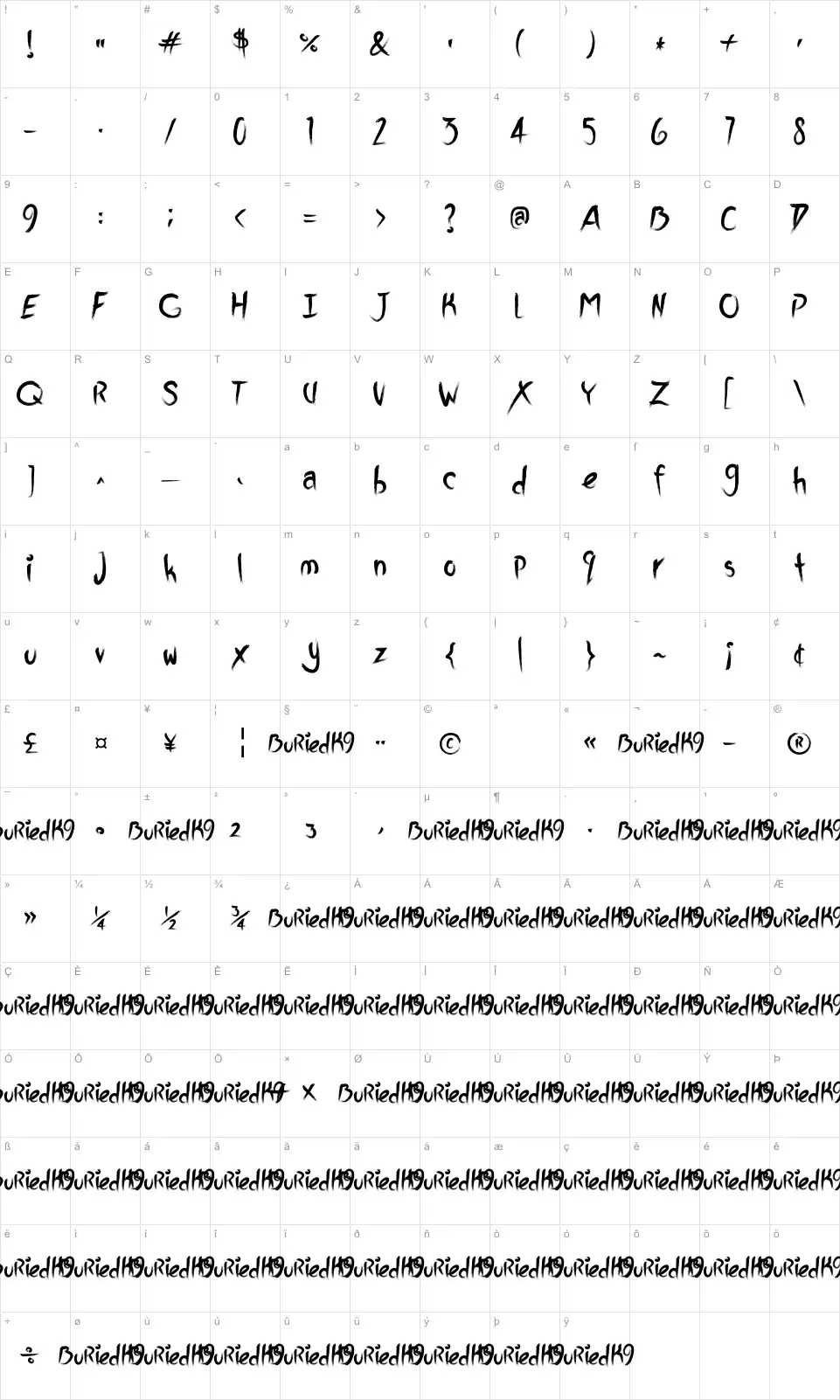 Mapa de caracteres da fonte Buried K9